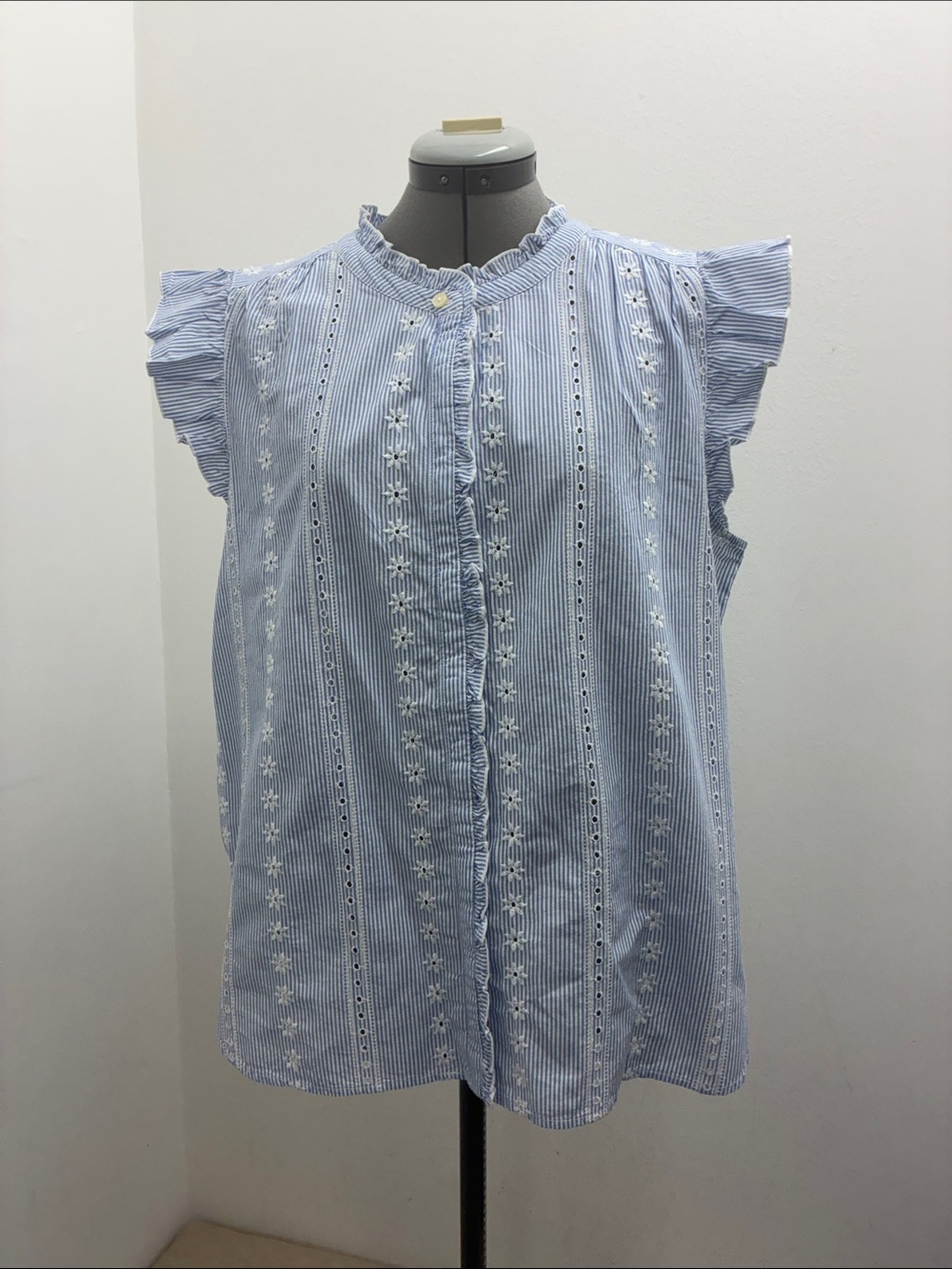 LOFT Light Blue & White Striped Embroidered Ruffle Sleeve Top